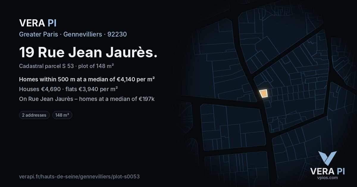 19 Rue Jean Jaurès, Gennevilliers at night – the plot lit, the parcels around coloured by the prices near them