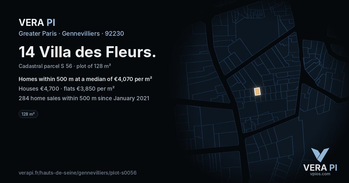 14 Villa des Fleurs, Gennevilliers at night – the plot lit, the parcels around coloured by the prices near them