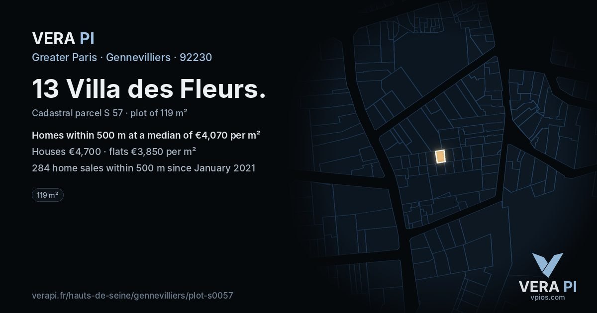 13 Villa des Fleurs, Gennevilliers at night – the plot lit, the parcels around coloured by the prices near them