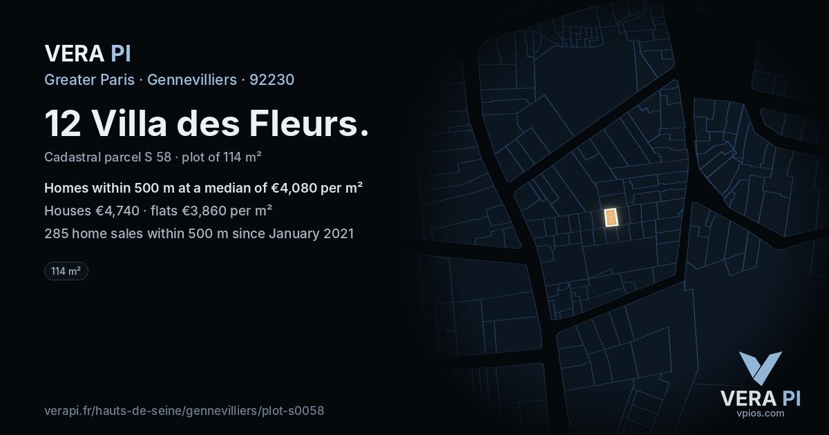 12 Villa des Fleurs, Gennevilliers at night – the plot lit, the parcels around coloured by the prices near them