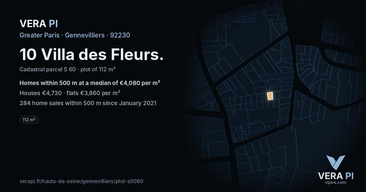 10 Villa des Fleurs, Gennevilliers at night – the plot lit, the parcels around coloured by the prices near them
