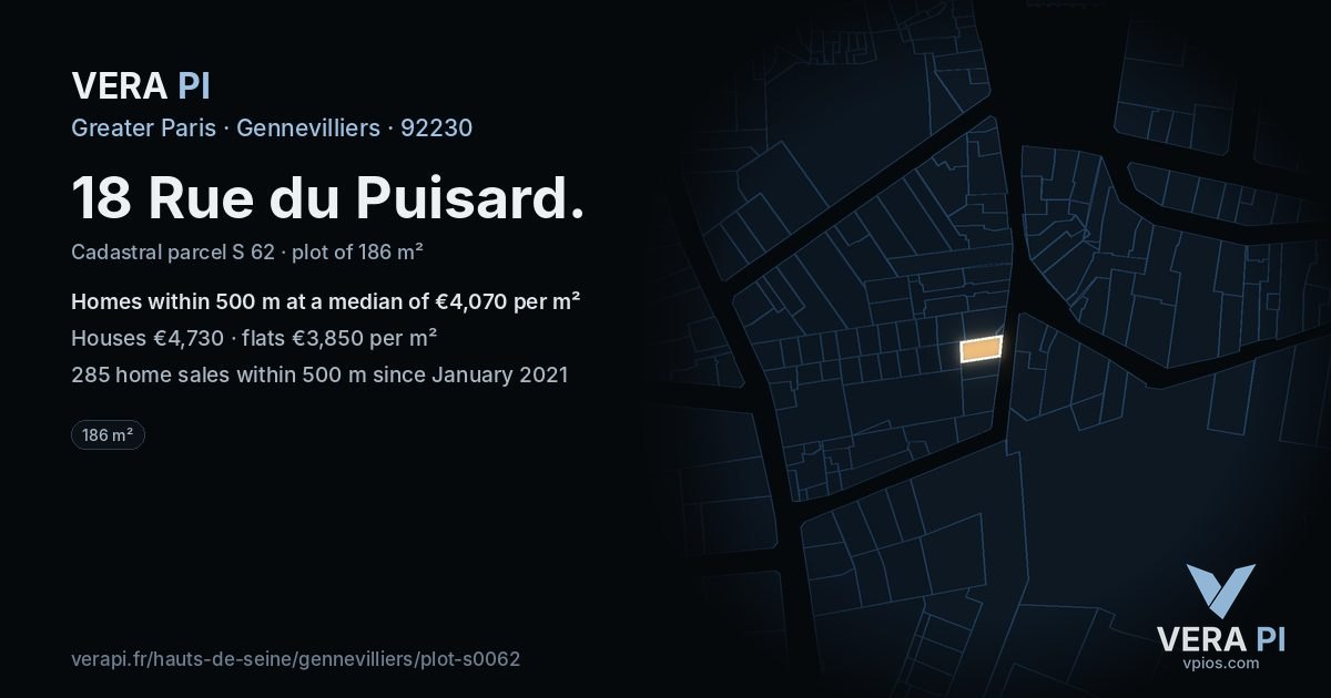 18 Rue du Puisard, Gennevilliers at night – the plot lit, the parcels around coloured by the prices near them