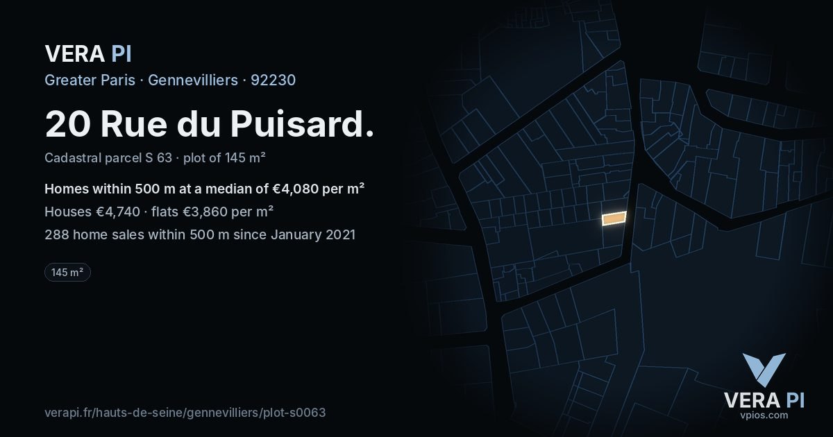 20 Rue du Puisard, Gennevilliers at night – the plot lit, the parcels around coloured by the prices near them