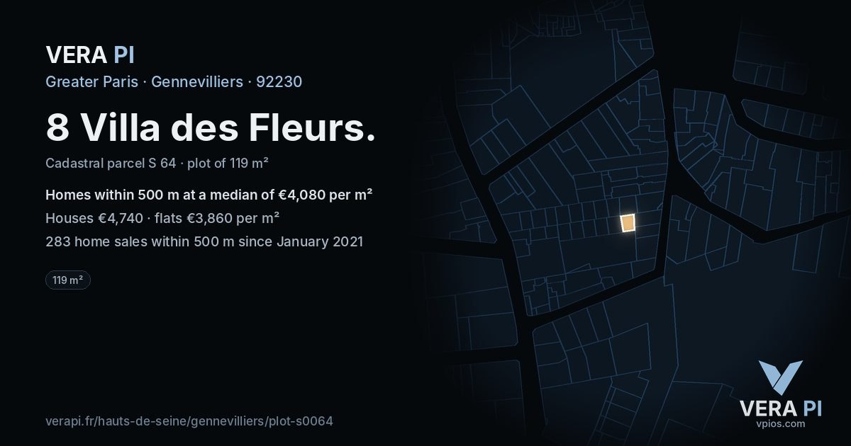 8 Villa des Fleurs, Gennevilliers at night – the plot lit, the parcels around coloured by the prices near them