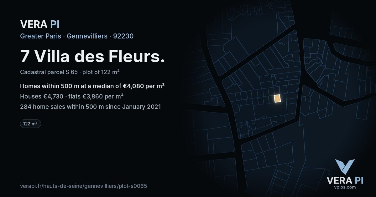 7 Villa des Fleurs, Gennevilliers at night – the plot lit, the parcels around coloured by the prices near them