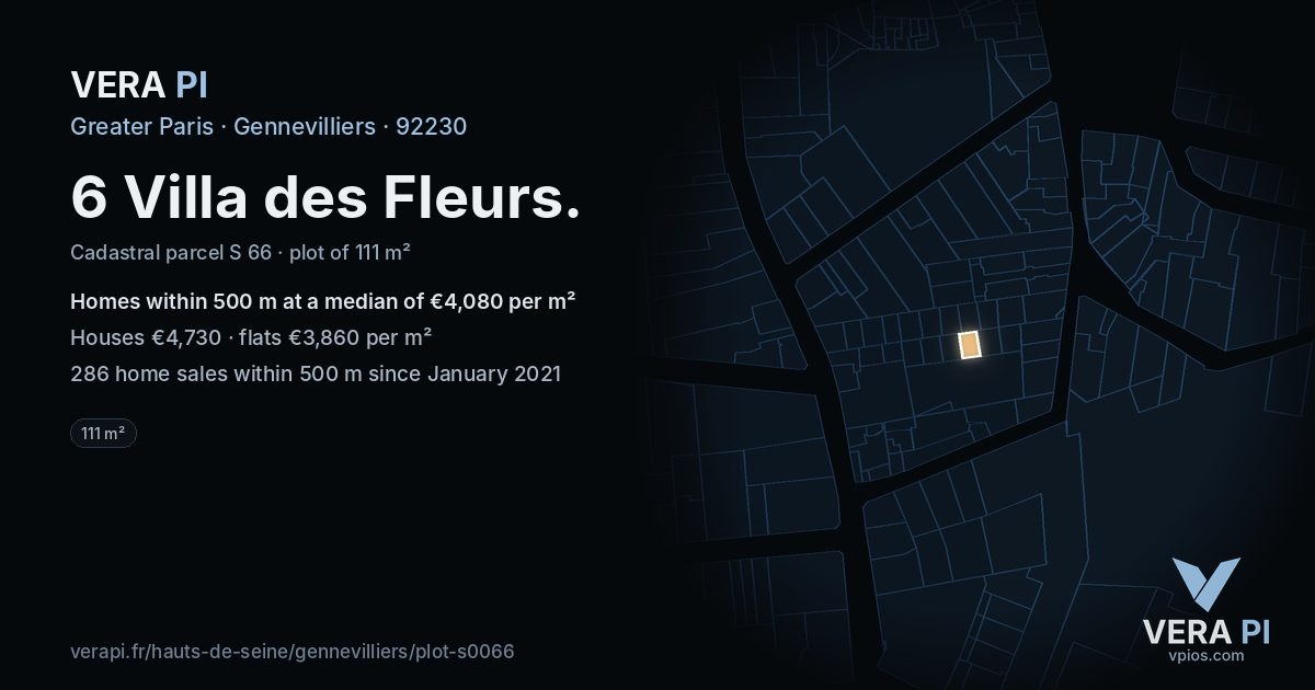 6 Villa des Fleurs, Gennevilliers at night – the plot lit, the parcels around coloured by the prices near them