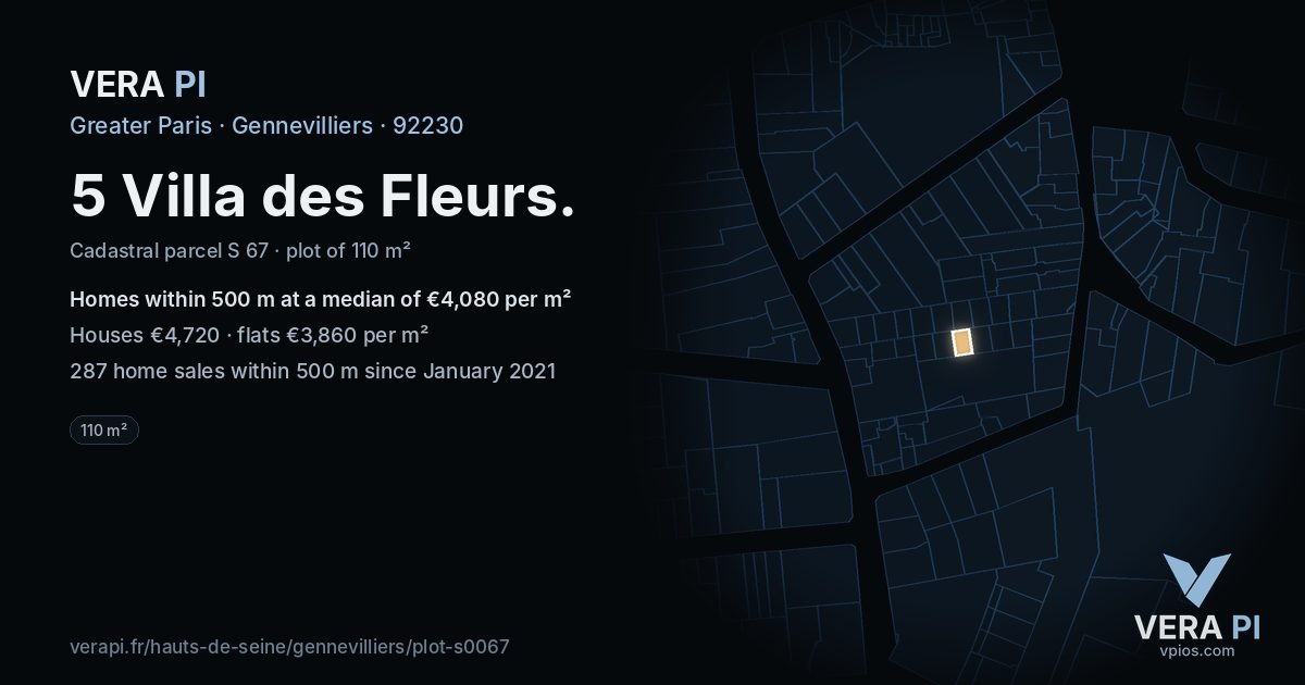 5 Villa des Fleurs, Gennevilliers at night – the plot lit, the parcels around coloured by the prices near them