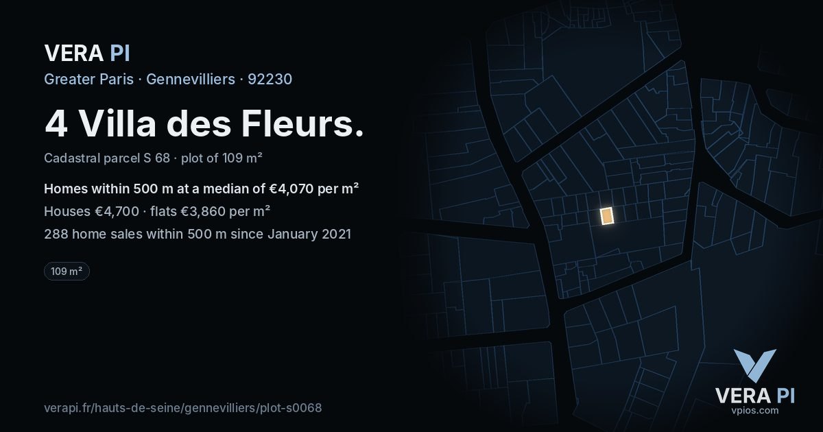4 Villa des Fleurs, Gennevilliers at night – the plot lit, the parcels around coloured by the prices near them