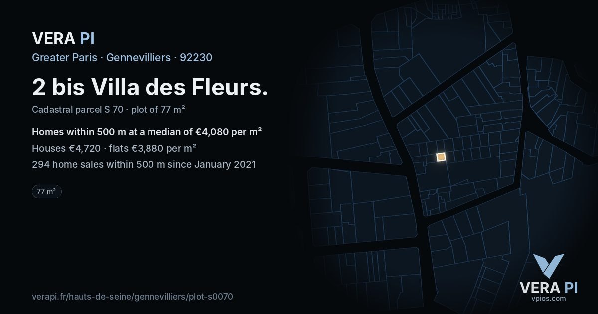 2 bis Villa des Fleurs, Gennevilliers at night – the plot lit, the parcels around coloured by the prices near them