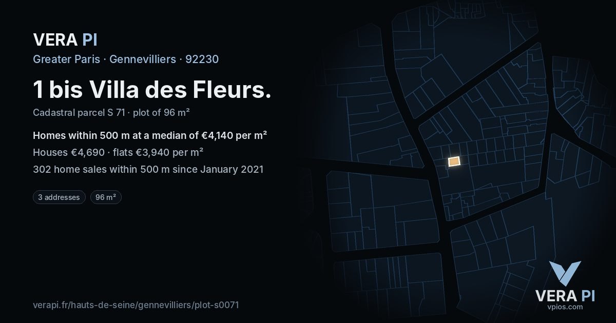 1 bis Villa des Fleurs, Gennevilliers at night – the plot lit, the parcels around coloured by the prices near them