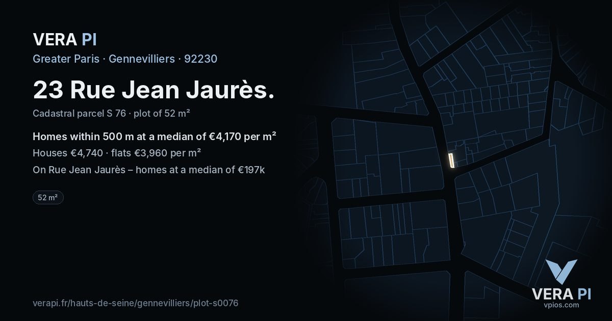 23 Rue Jean Jaurès, Gennevilliers at night – the plot lit, the parcels around coloured by the prices near them