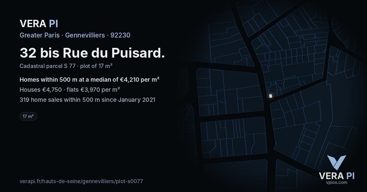 32 bis Rue du Puisard, Gennevilliers at night – the plot lit, the parcels around coloured by the prices near them
