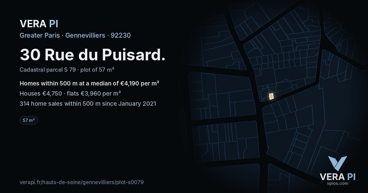 30 Rue du Puisard, Gennevilliers at night – the plot lit, the parcels around coloured by the prices near them