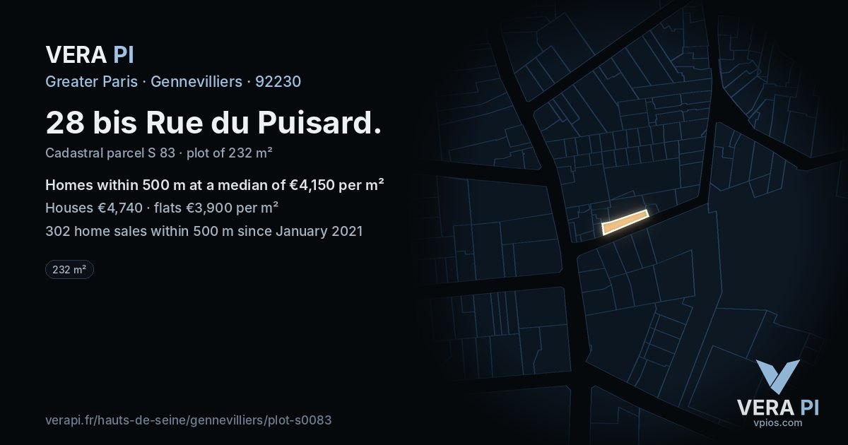 28 bis Rue du Puisard, Gennevilliers at night – the plot lit, the parcels around coloured by the prices near them