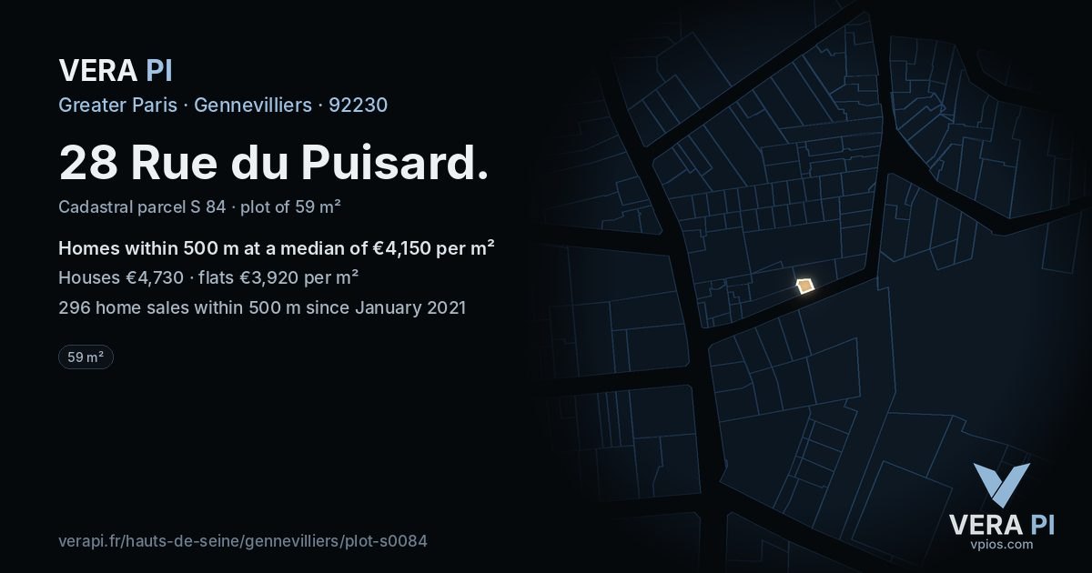 28 Rue du Puisard, Gennevilliers at night – the plot lit, the parcels around coloured by the prices near them