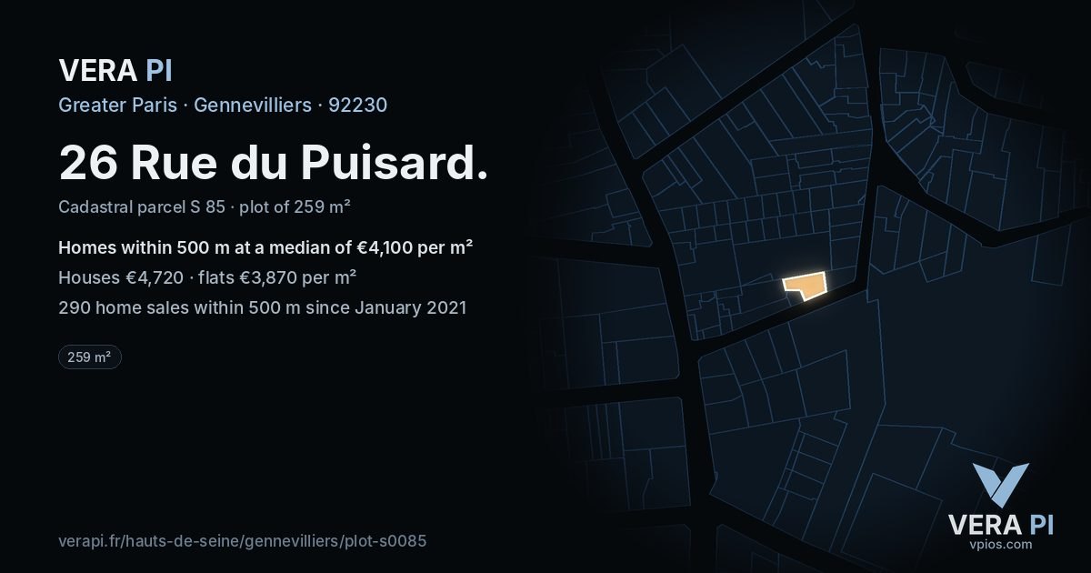 26 Rue du Puisard, Gennevilliers at night – the plot lit, the parcels around coloured by the prices near them