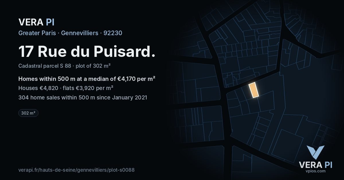 17 Rue du Puisard, Gennevilliers at night – the plot lit, the parcels around coloured by the prices near them