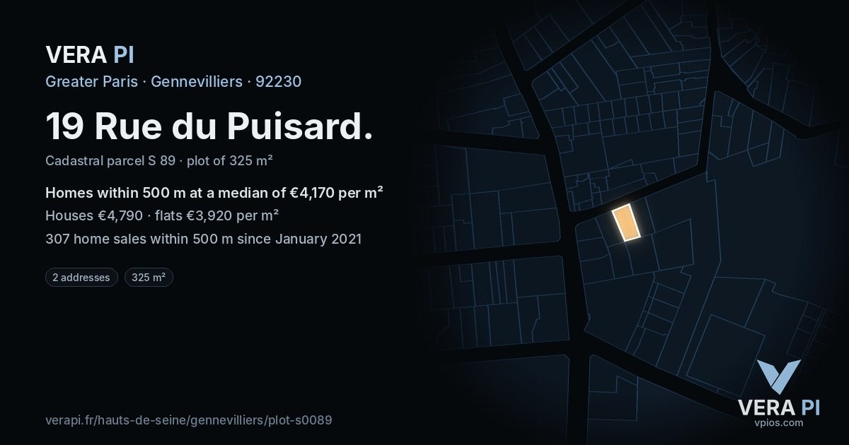 19 Rue du Puisard, Gennevilliers at night – the plot lit, the parcels around coloured by the prices near them