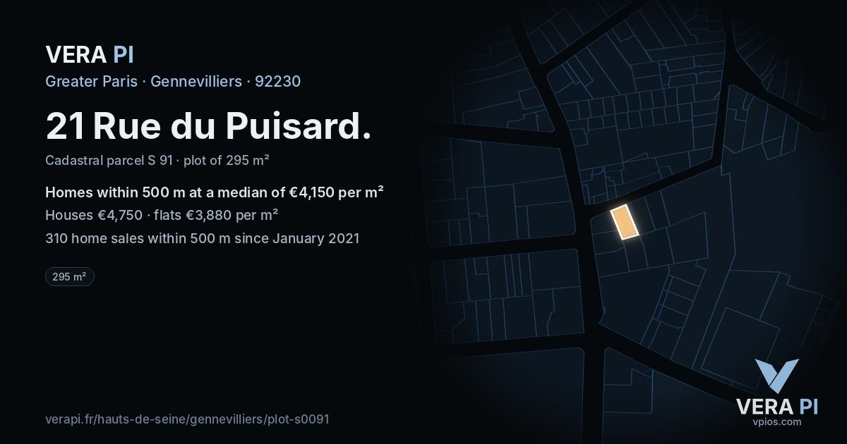 21 Rue du Puisard, Gennevilliers at night – the plot lit, the parcels around coloured by the prices near them