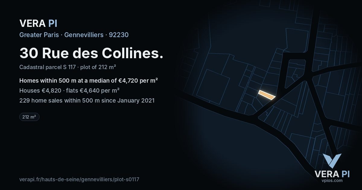 30 Rue des Collines, Gennevilliers at night – the plot lit, the parcels around coloured by the prices near them