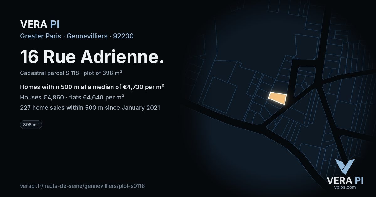 16 Rue Adrienne, Gennevilliers at night – the plot lit, the parcels around coloured by the prices near them