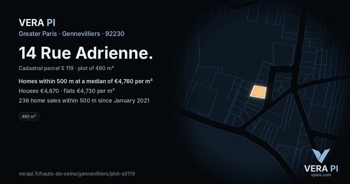 14 Rue Adrienne, Gennevilliers at night – the plot lit, the parcels around coloured by the prices near them
