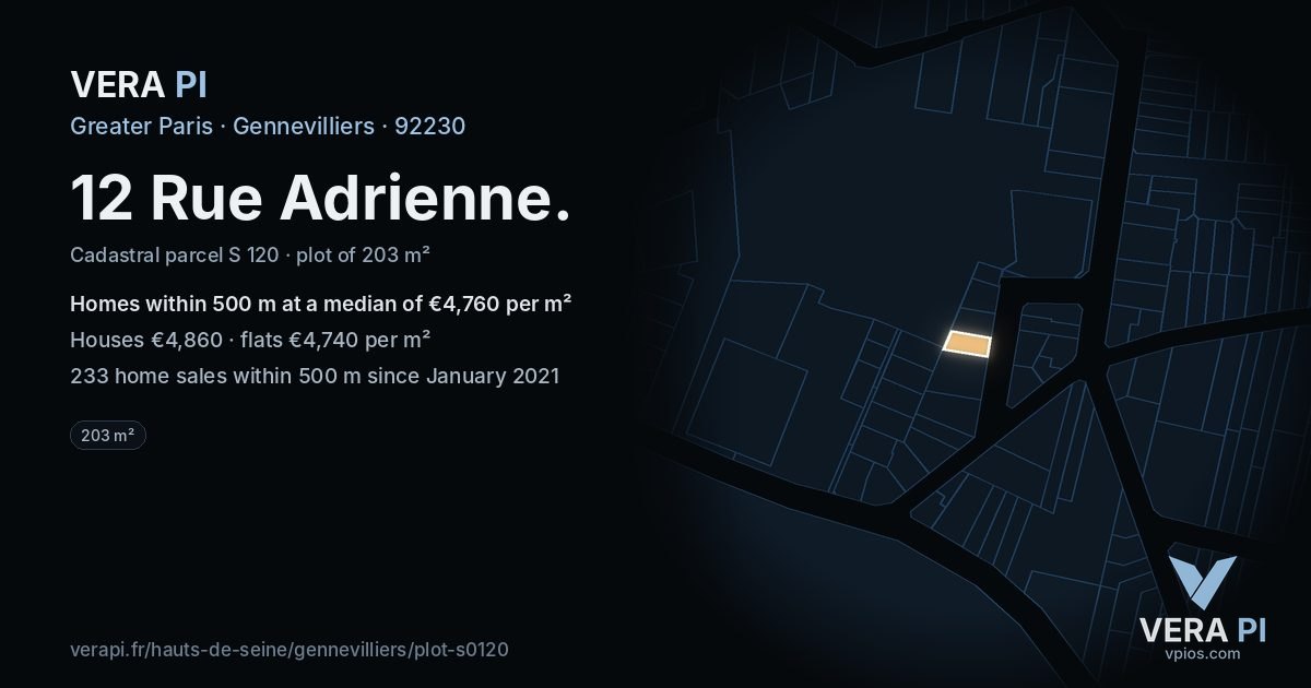 12 Rue Adrienne, Gennevilliers at night – the plot lit, the parcels around coloured by the prices near them