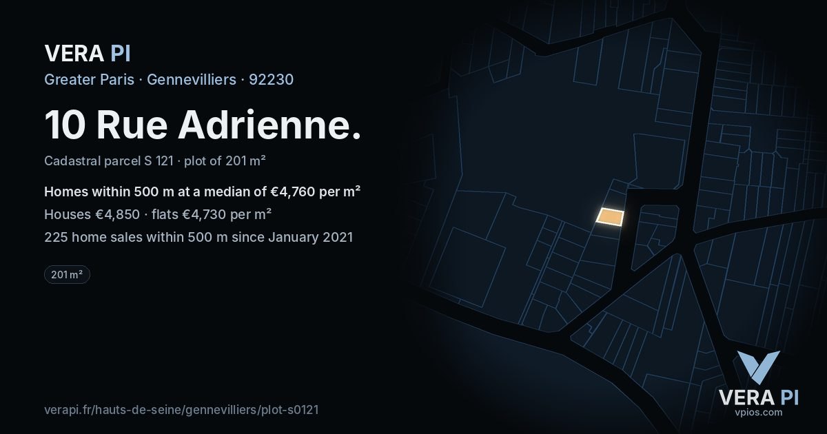 10 Rue Adrienne, Gennevilliers at night – the plot lit, the parcels around coloured by the prices near them