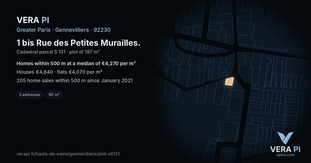1 bis Rue des Petites Murailles, Gennevilliers at night – the plot lit, the parcels around coloured by the prices near them