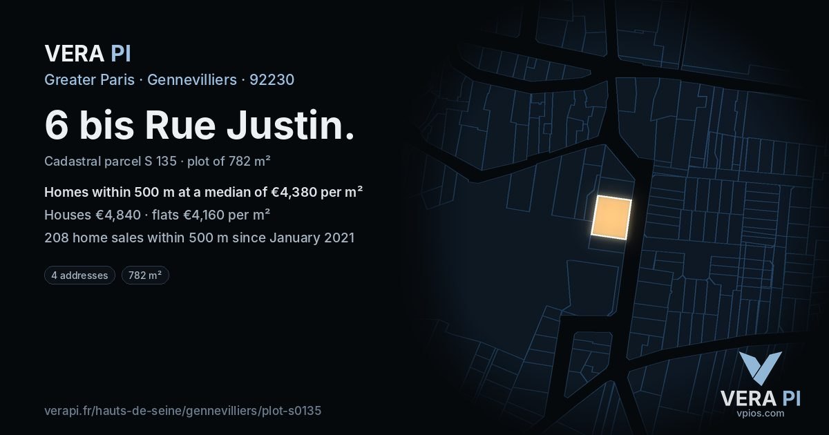 6 bis Rue Justin, Gennevilliers at night – the plot lit, the parcels around coloured by the prices near them
