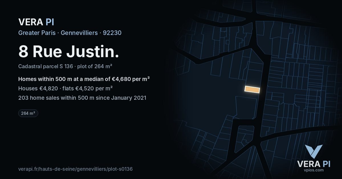 8 Rue Justin, Gennevilliers at night – the plot lit, the parcels around coloured by the prices near them