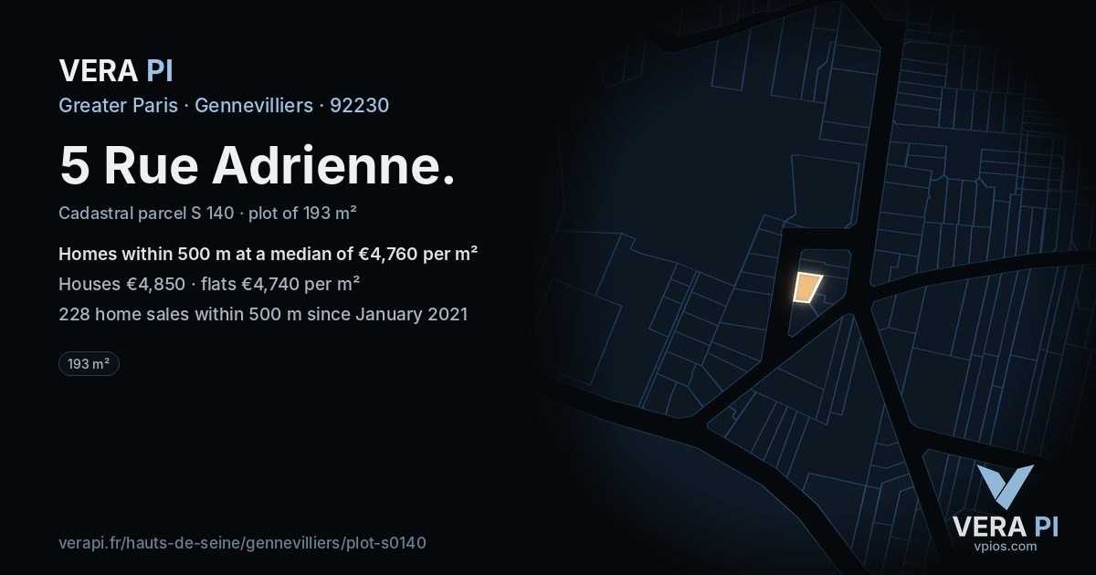 5 Rue Adrienne, Gennevilliers at night – the plot lit, the parcels around coloured by the prices near them