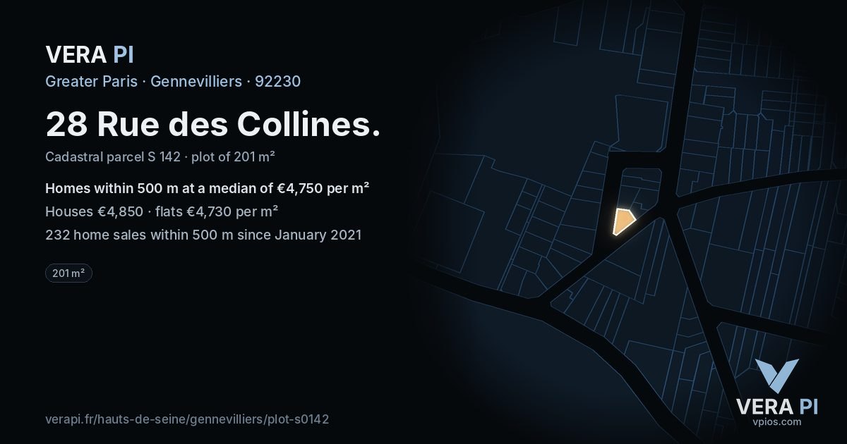 28 Rue des Collines, Gennevilliers at night – the plot lit, the parcels around coloured by the prices near them