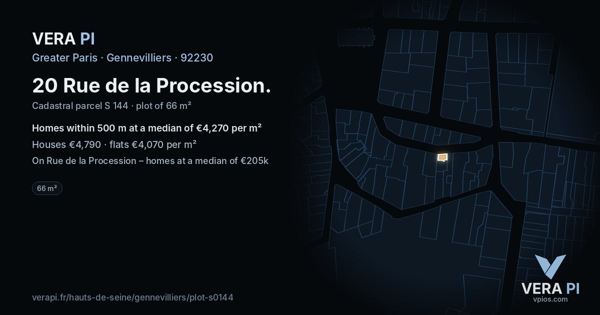 20 Rue de la Procession, Gennevilliers at night – the plot lit, the parcels around coloured by the prices near them