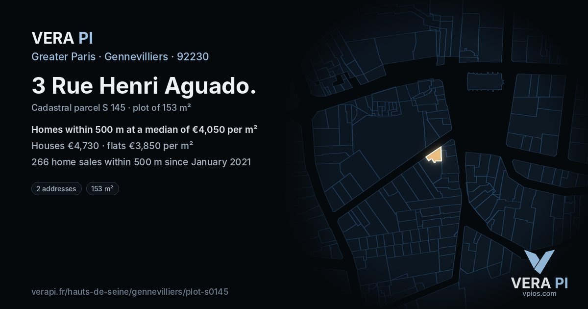 3 Rue Henri Aguado, Gennevilliers at night – the plot lit, the parcels around coloured by the prices near them