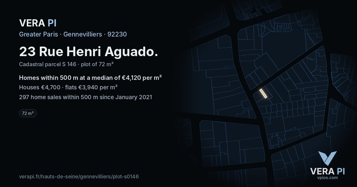 23 Rue Henri Aguado, Gennevilliers at night – the plot lit, the parcels around coloured by the prices near them