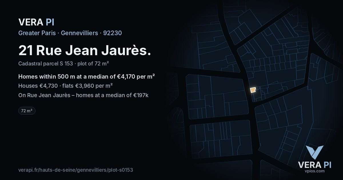21 Rue Jean Jaurès, Gennevilliers at night – the plot lit, the parcels around coloured by the prices near them