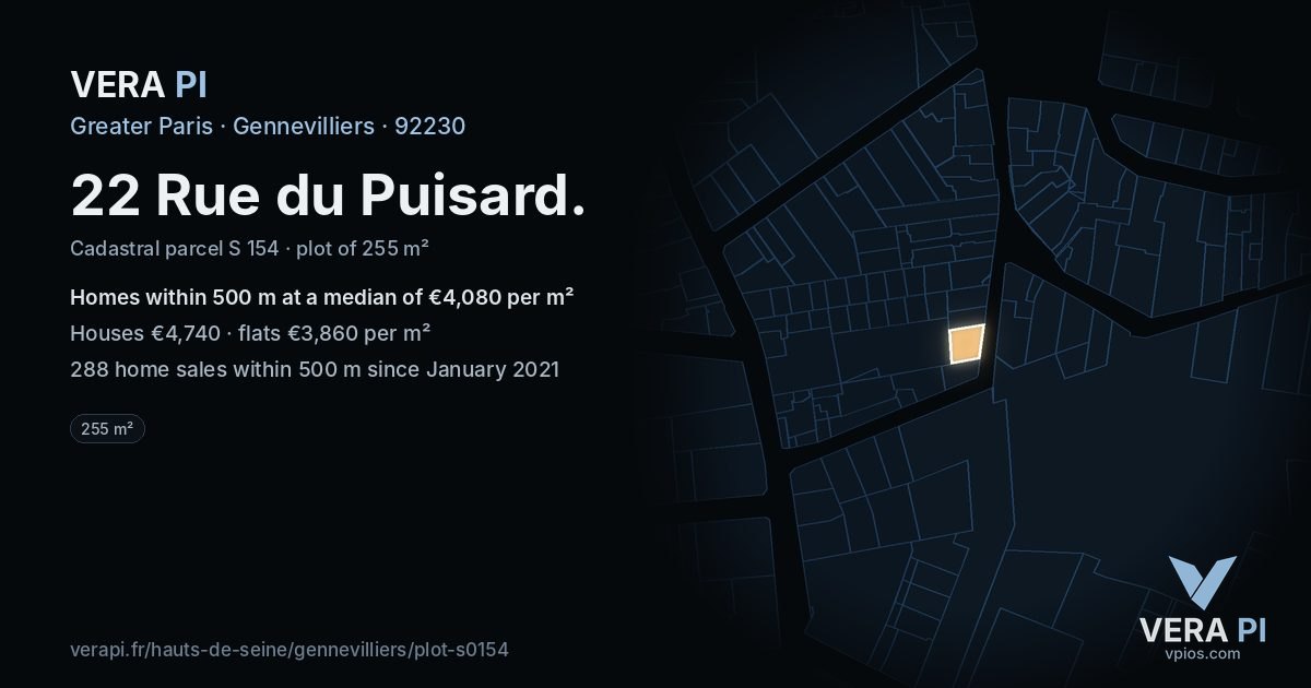 22 Rue du Puisard, Gennevilliers at night – the plot lit, the parcels around coloured by the prices near them