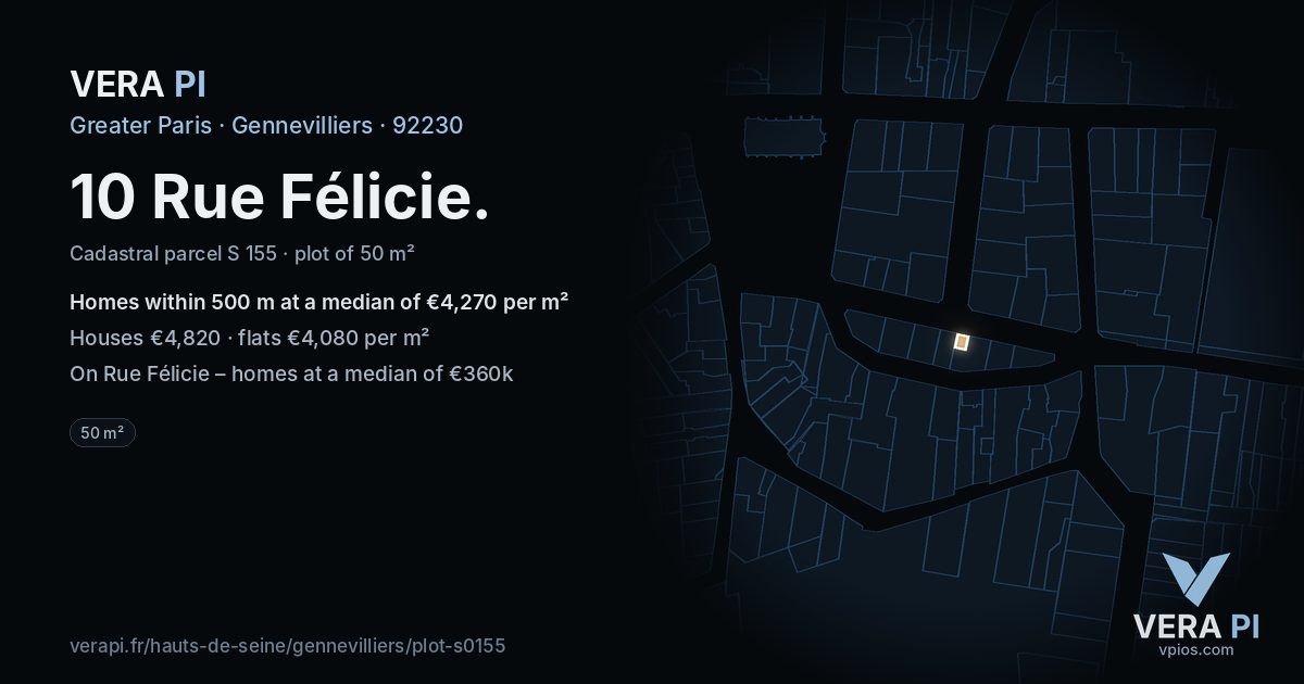 10 Rue Félicie, Gennevilliers at night – the plot lit, the parcels around coloured by the prices near them