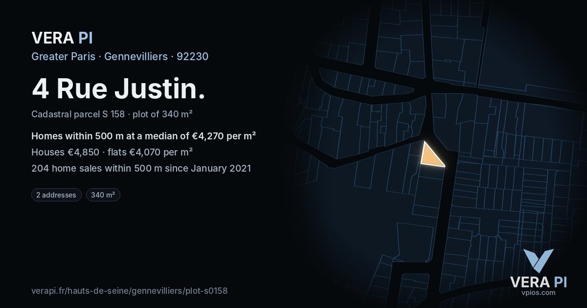 4 Rue Justin, Gennevilliers at night – the plot lit, the parcels around coloured by the prices near them