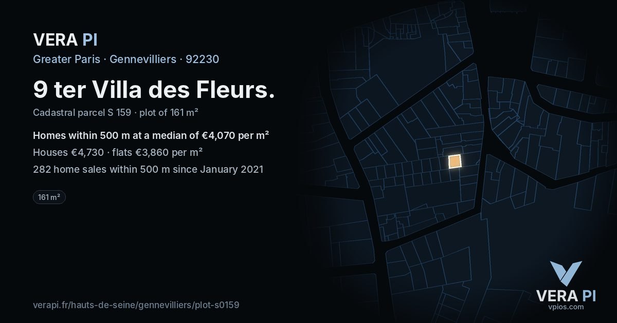 9 ter Villa des Fleurs, Gennevilliers at night – the plot lit, the parcels around coloured by the prices near them