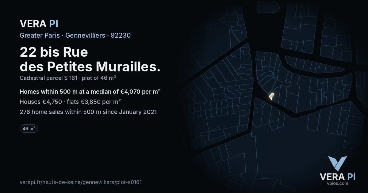 22 bis Rue des Petites Murailles, Gennevilliers at night – the plot lit, the parcels around coloured by the prices near them