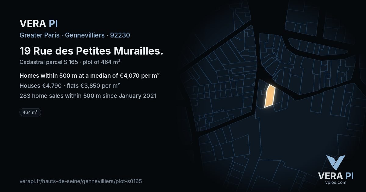 19 Rue des Petites Murailles, Gennevilliers at night – the plot lit, the parcels around coloured by the prices near them