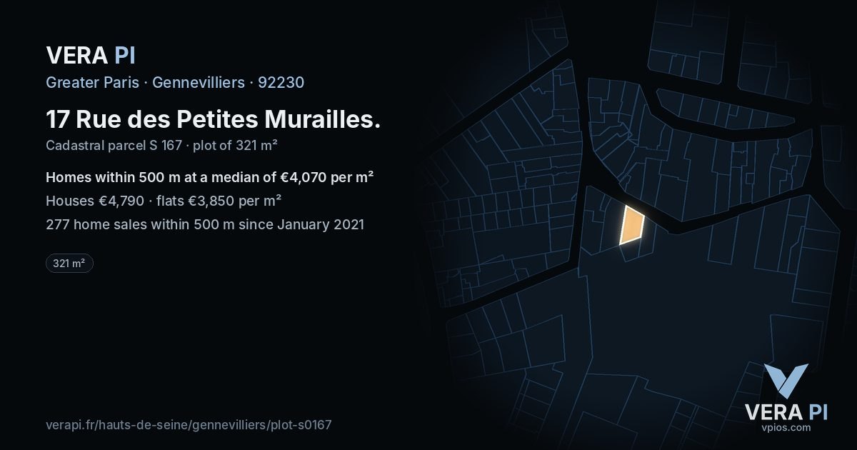 17 Rue des Petites Murailles, Gennevilliers at night – the plot lit, the parcels around coloured by the prices near them