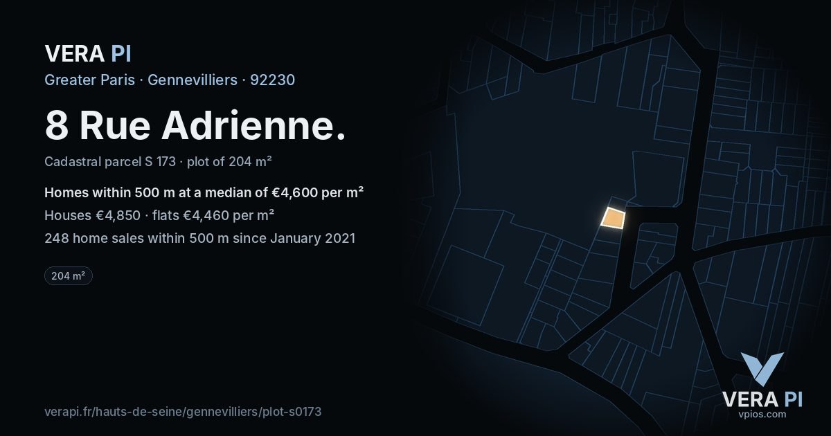 8 Rue Adrienne, Gennevilliers at night – the plot lit, the parcels around coloured by the prices near them
