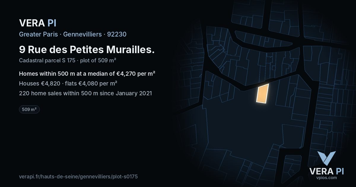 9 Rue des Petites Murailles, Gennevilliers at night – the plot lit, the parcels around coloured by the prices near them