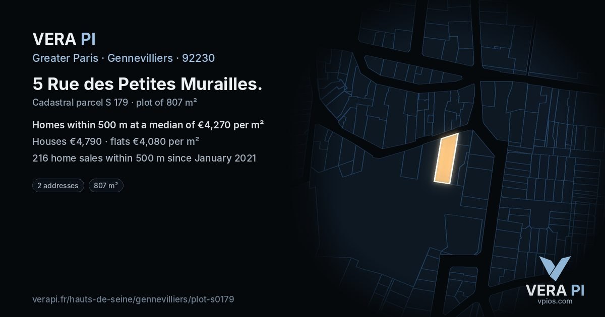 5 Rue des Petites Murailles, Gennevilliers at night – the plot lit, the parcels around coloured by the prices near them
