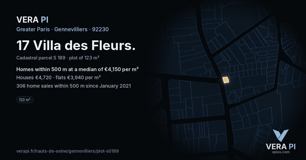 17 Villa des Fleurs, Gennevilliers at night – the plot lit, the parcels around coloured by the prices near them