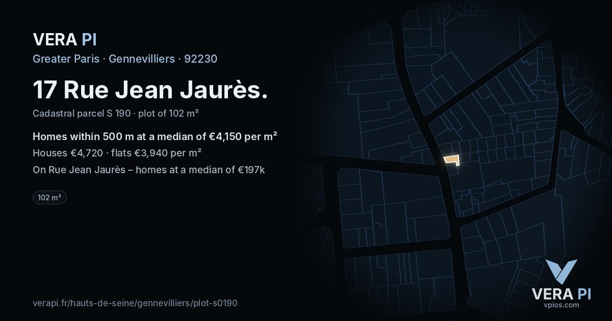 17 Rue Jean Jaurès, Gennevilliers at night – the plot lit, the parcels around coloured by the prices near them