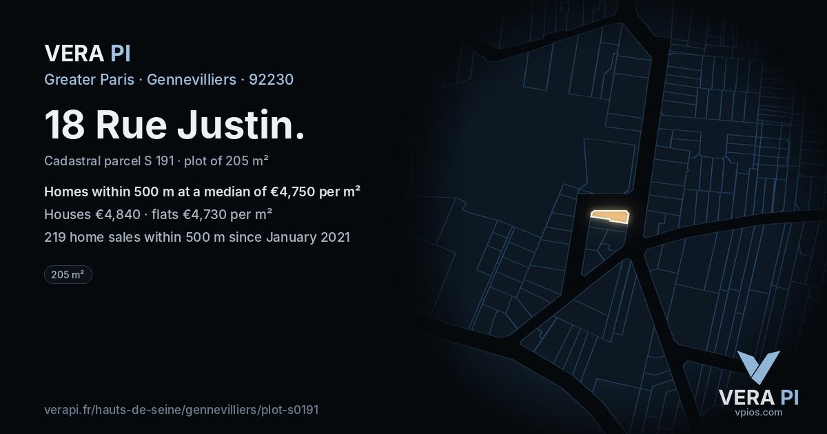 18 Rue Justin, Gennevilliers at night – the plot lit, the parcels around coloured by the prices near them